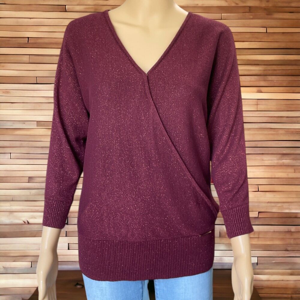 MK Wine V-Neck Faux Wrap Top Shirt Blouse Sz/S